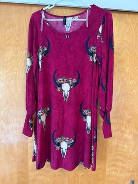 LC Lauren Conrad Burgundy Long Sleeve Floral Skull Print Dress
